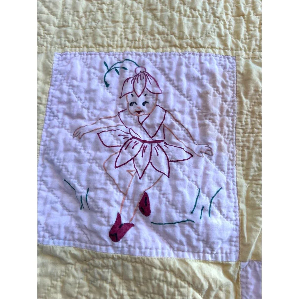 Vintage Fairy Elf Baby Blanket Quilt Hand Drawn Handmade Yellow Flaws READ